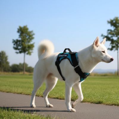Berger blanc debout harnais chien turquoise