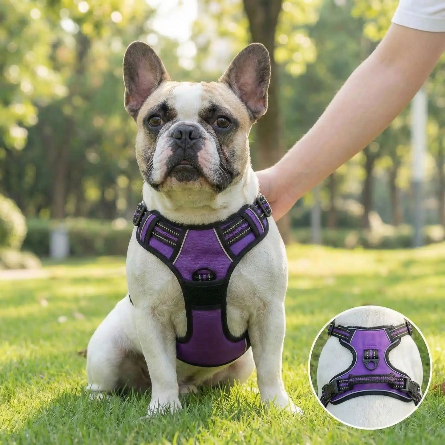 Bouledogue assis harnais pour chien mauve