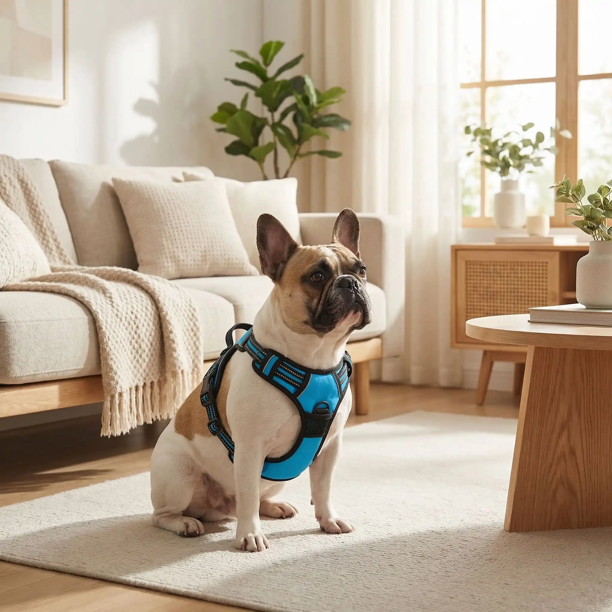Bouledogue harnais chien bleu clair