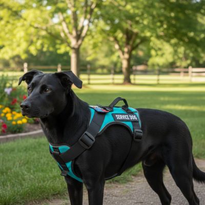 Labrador debout harnais chien turquoise