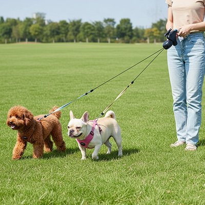 Laisse double pour chien promenade en campagne