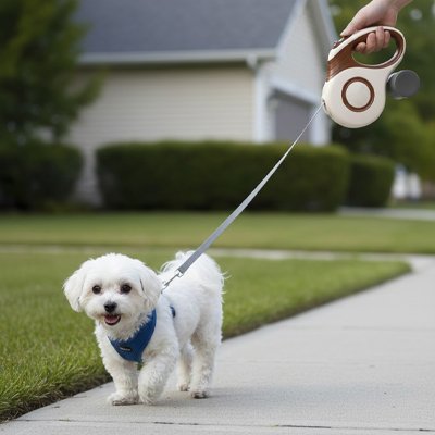 Laisse enrouleur chien marron avec bichon frisé