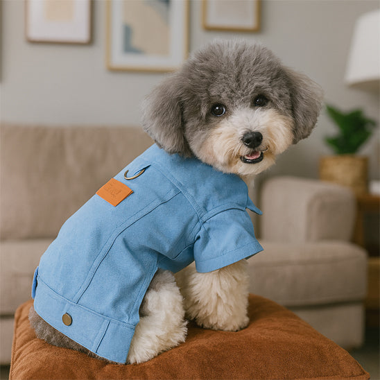 Manteau chien jeans bleu côté
