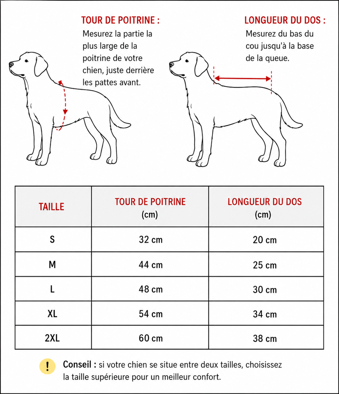 Manteau pour chien tableau des tailles